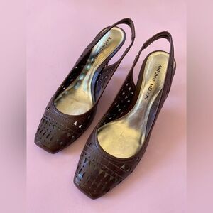 Antonio Melani Brown Leather Laser Cut Square Toe Sling Kitten Heels Women’s 7.5
